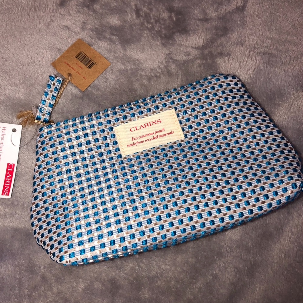 Clarins square blue/ white make up/ cosmetic bag